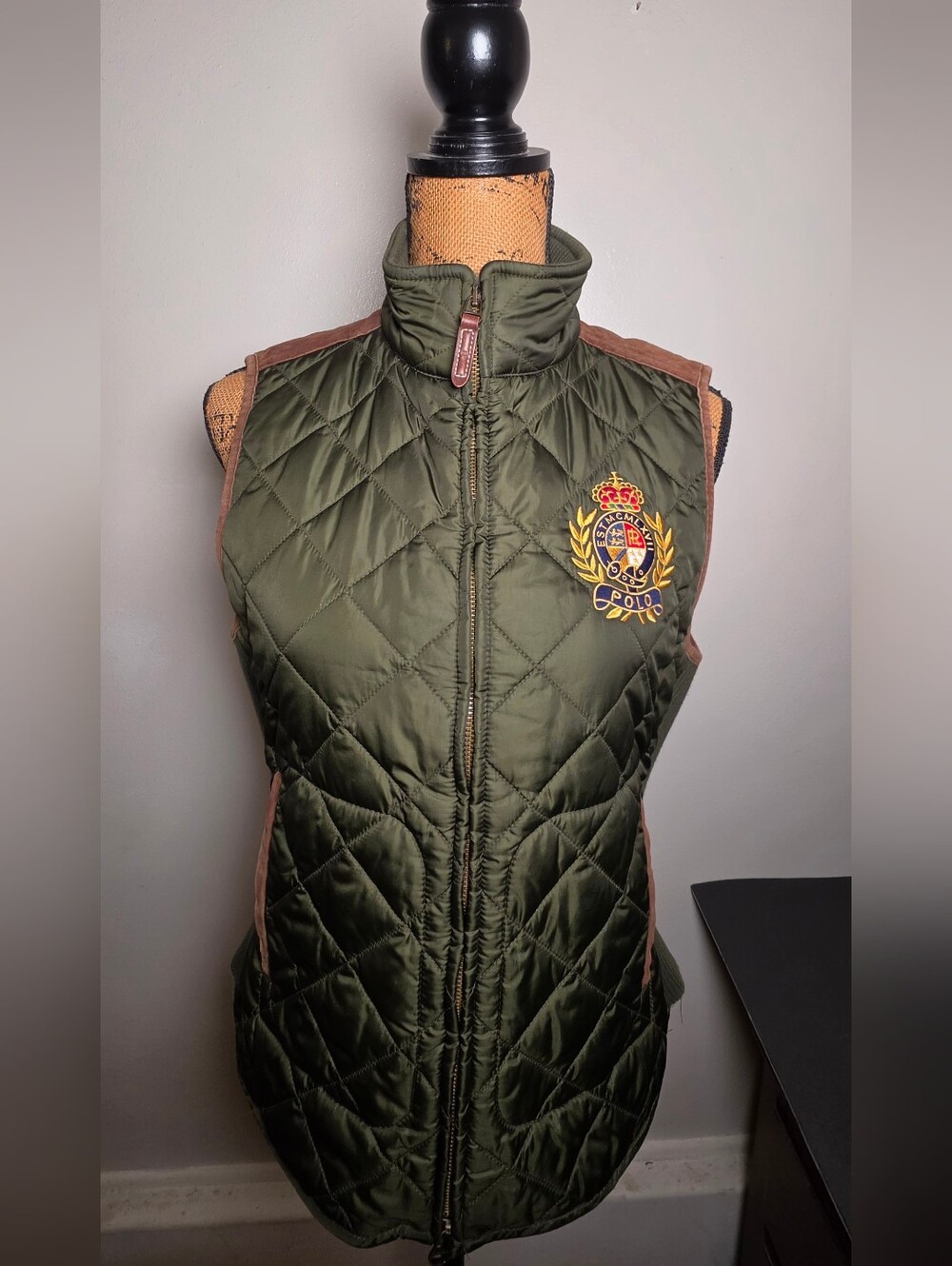 Polo by Ralph Lauren Olive Quilted Crest Vest with Brown Trim